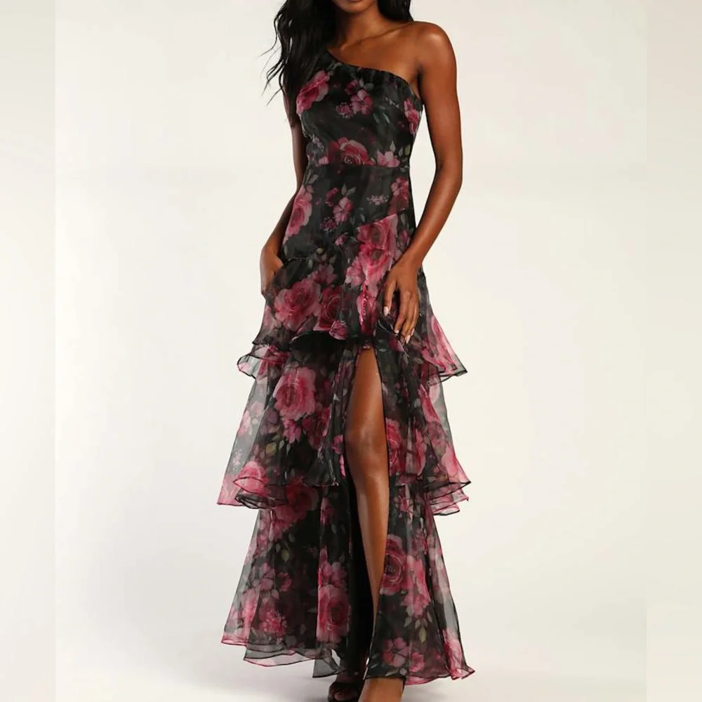 NEW lulus black pink regal organza tiered rose floral one shoulder gown dress - Picture 1 of 10